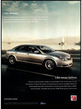 2006 Saturn Aura Sedan Vintage Print Ad Sailboat Sailing Harbor Ocean Wall Art